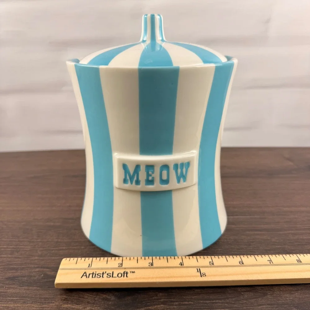 Jonathan Adler Vice MEOW Canister Blue White Striped Porcelain Lidded Jar